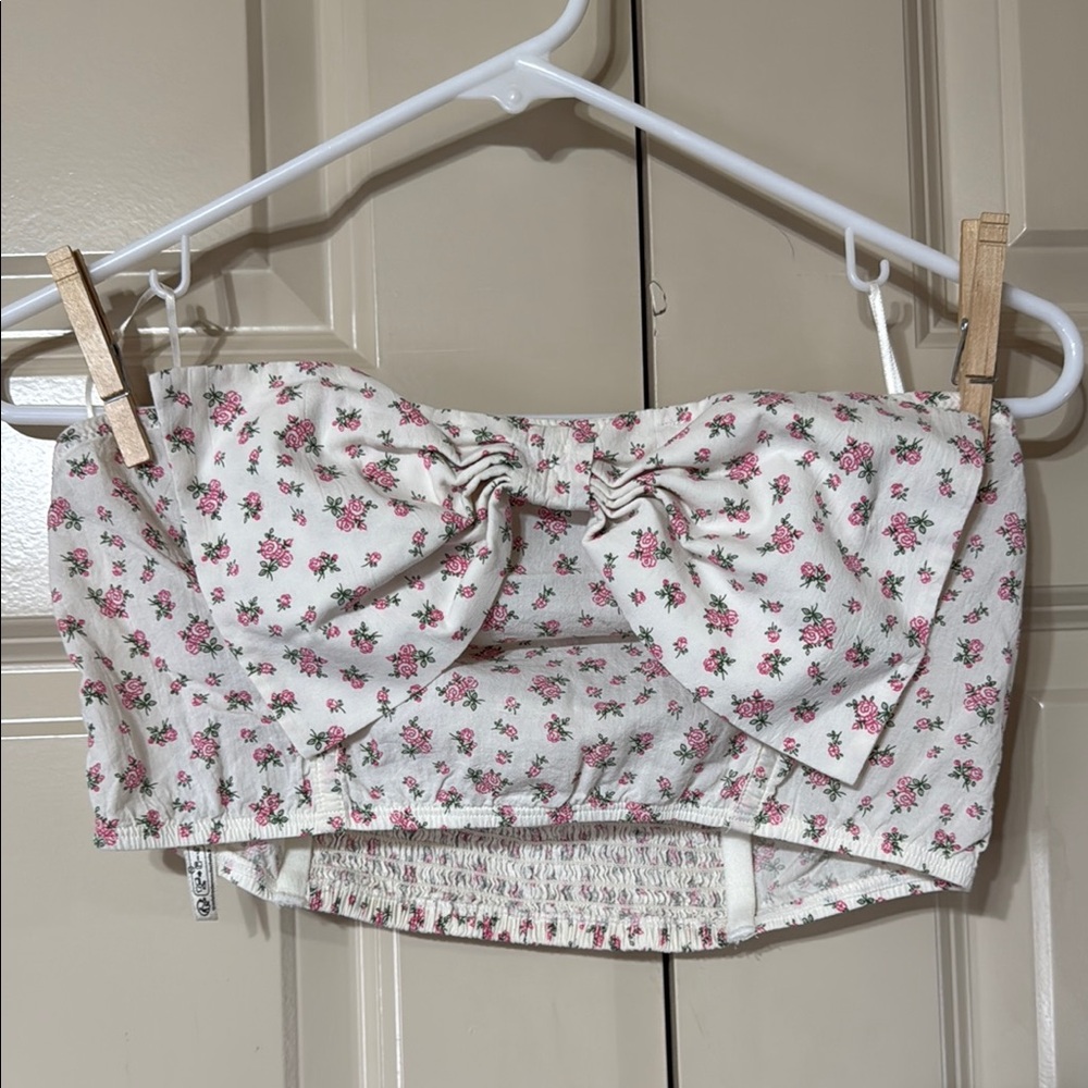Anthropologie White and Pink Floral Crop Top